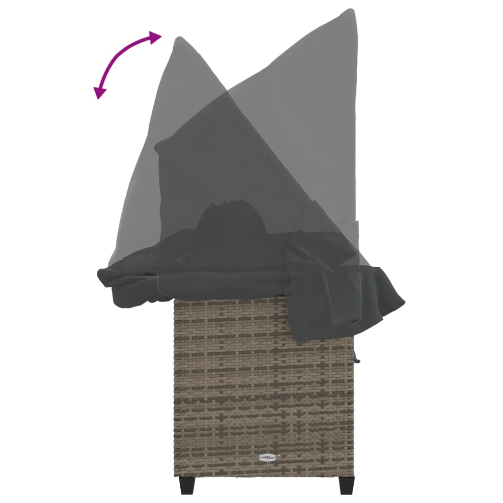 Sun lounger with canopy and cushions in grey PE wicker