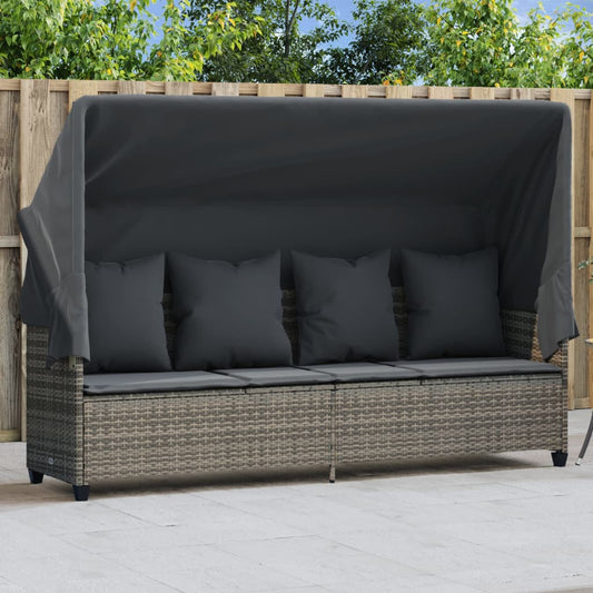 Sun lounger with canopy and cushions in grey PE wicker