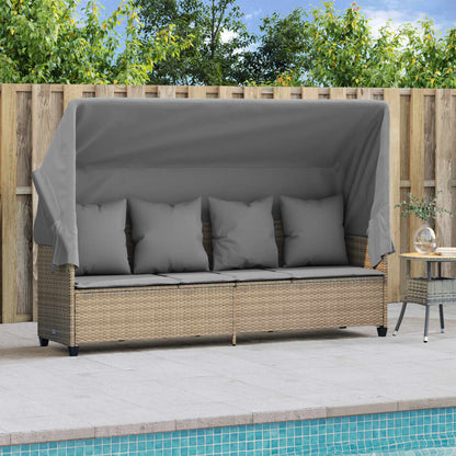 Sun lounger with canopy and cushions in beige PE wicker