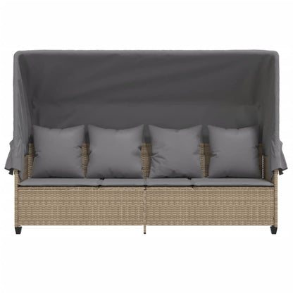 Sun lounger with canopy and cushions in beige PE wicker