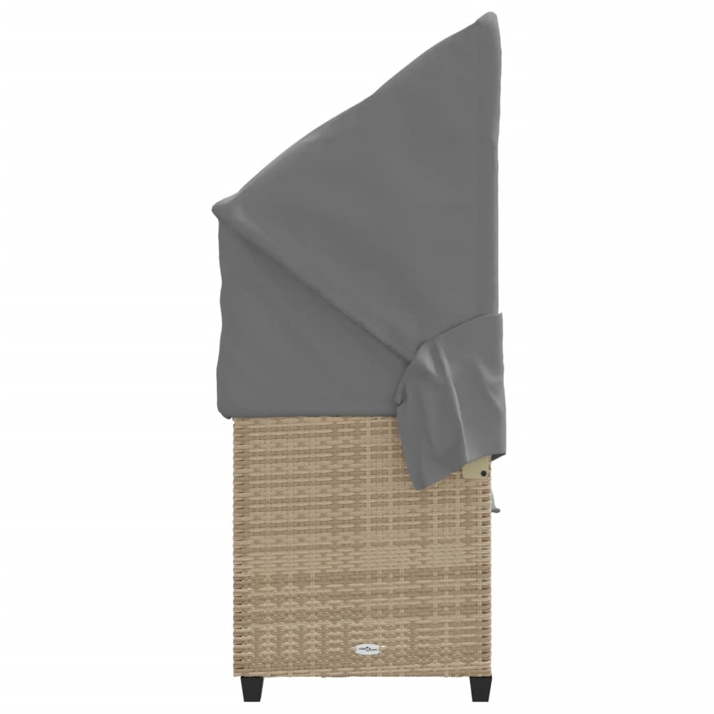 Sun lounger with canopy and cushions in beige PE wicker