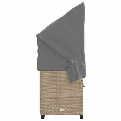 Sun lounger with canopy and cushions in beige PE wicker