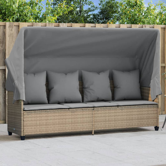 Sun lounger with canopy and cushions in beige PE wicker