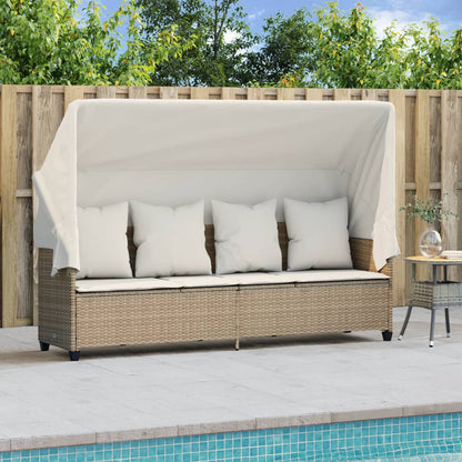 Sun lounger with canopy and cushions in beige PE wicker