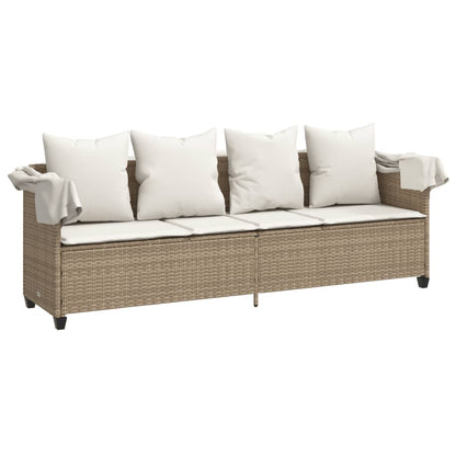 Sun lounger with canopy and cushions in beige PE wicker