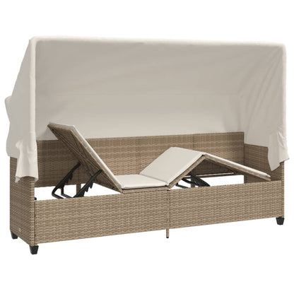Sun lounger with canopy and cushions in beige PE wicker