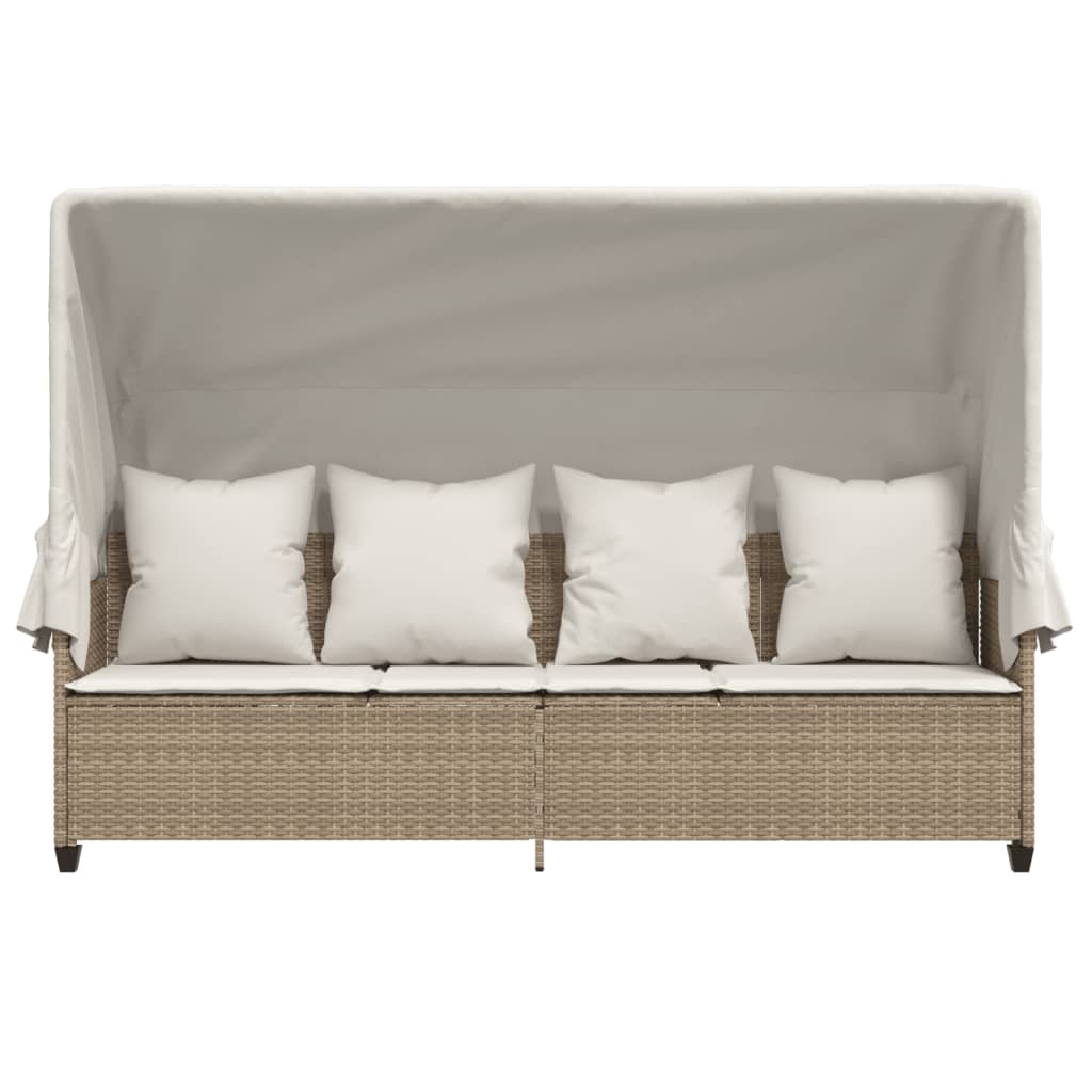 Sun lounger with canopy and cushions in beige PE wicker
