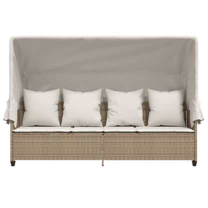 Sun lounger with canopy and cushions in beige PE wicker