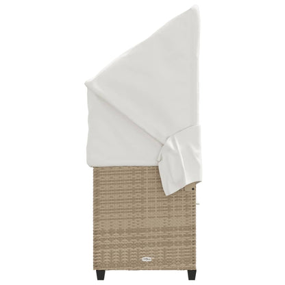 Sun lounger with canopy and cushions in beige PE wicker