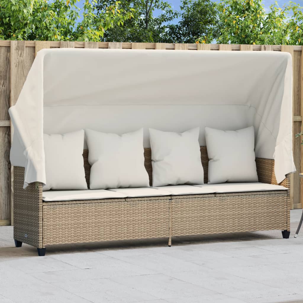Sun lounger with canopy and cushions in beige PE wicker