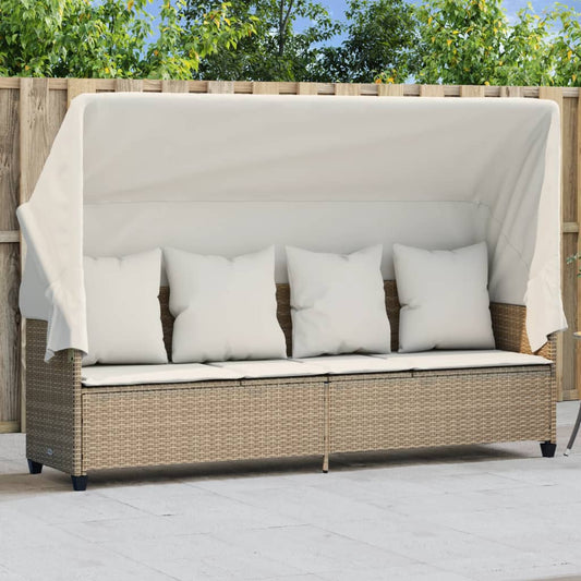 Sun lounger with canopy and cushions in beige PE wicker