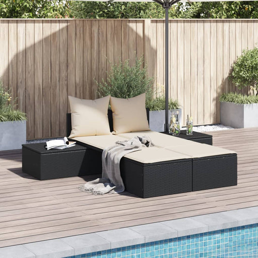 Double sun lounger with cushions in black poly rattan