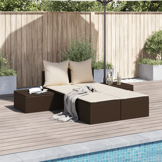Double sun lounger with cushions in brown poly rattan