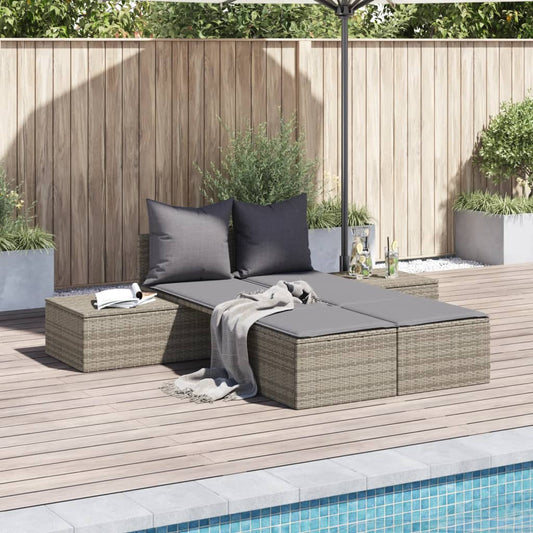 Double sun lounger with cushions in grey poly rattan