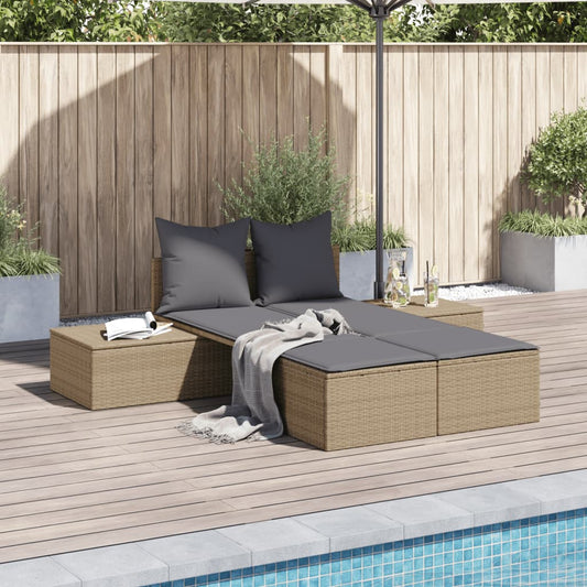 Double sun lounger with cushions in beige PE wicker