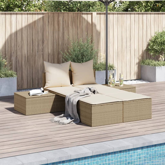 Double sun lounger with cushions in beige PE wicker