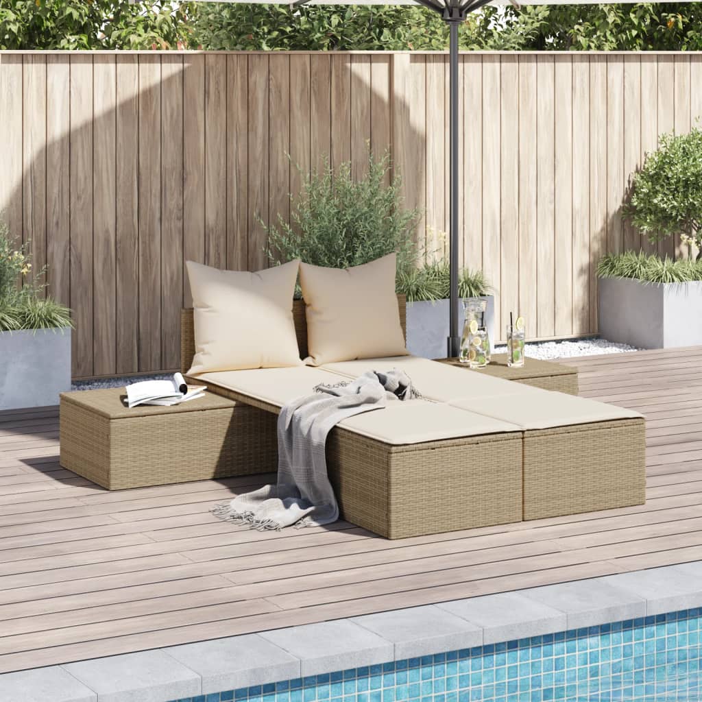 Double sun lounger with cushions in beige PE wicker
