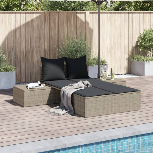 Double sun lounger with cushions in light grey poly rattan