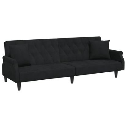 Sofá-cama 2 lugares c/ almofadas e apoio de pés veludo preto