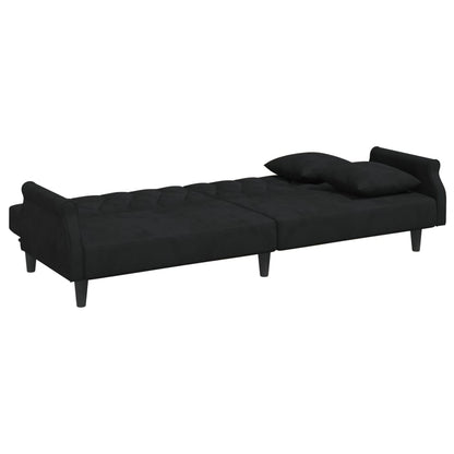 Sofá-cama 2 lugares c/ almofadas e apoio de pés veludo preto