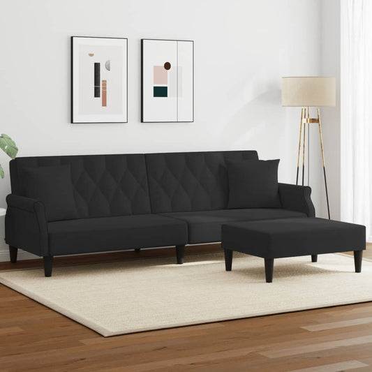 Sofá-cama 2 lugares c/ almofadas e apoio de pés veludo preto