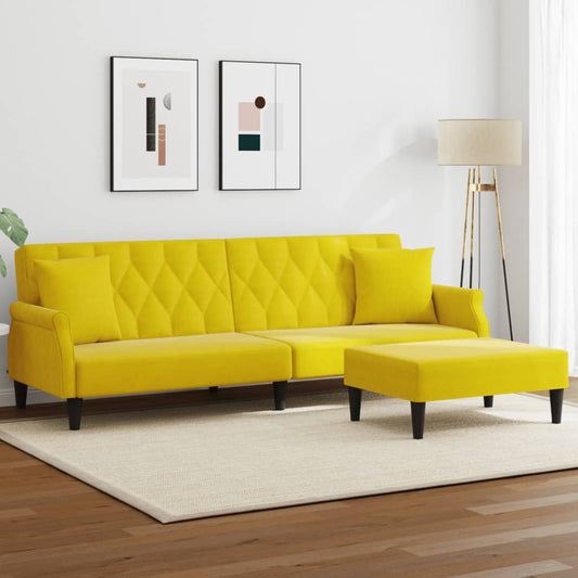 Sofá-cama 2 lugares c/ almofadas e apoio de pés veludo amarelo