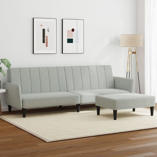 Sofá-cama 2 lugares c/ apoio de pés veludo cinza-claro