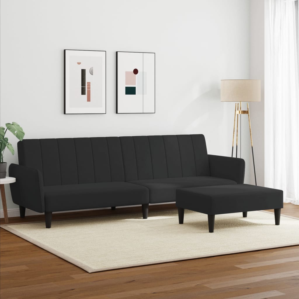 Sofá-cama 2 lugares c/ apoio de pés veludo preto