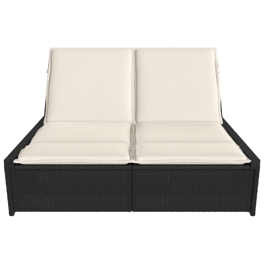 Double sun lounger with cushions in black poly rattan