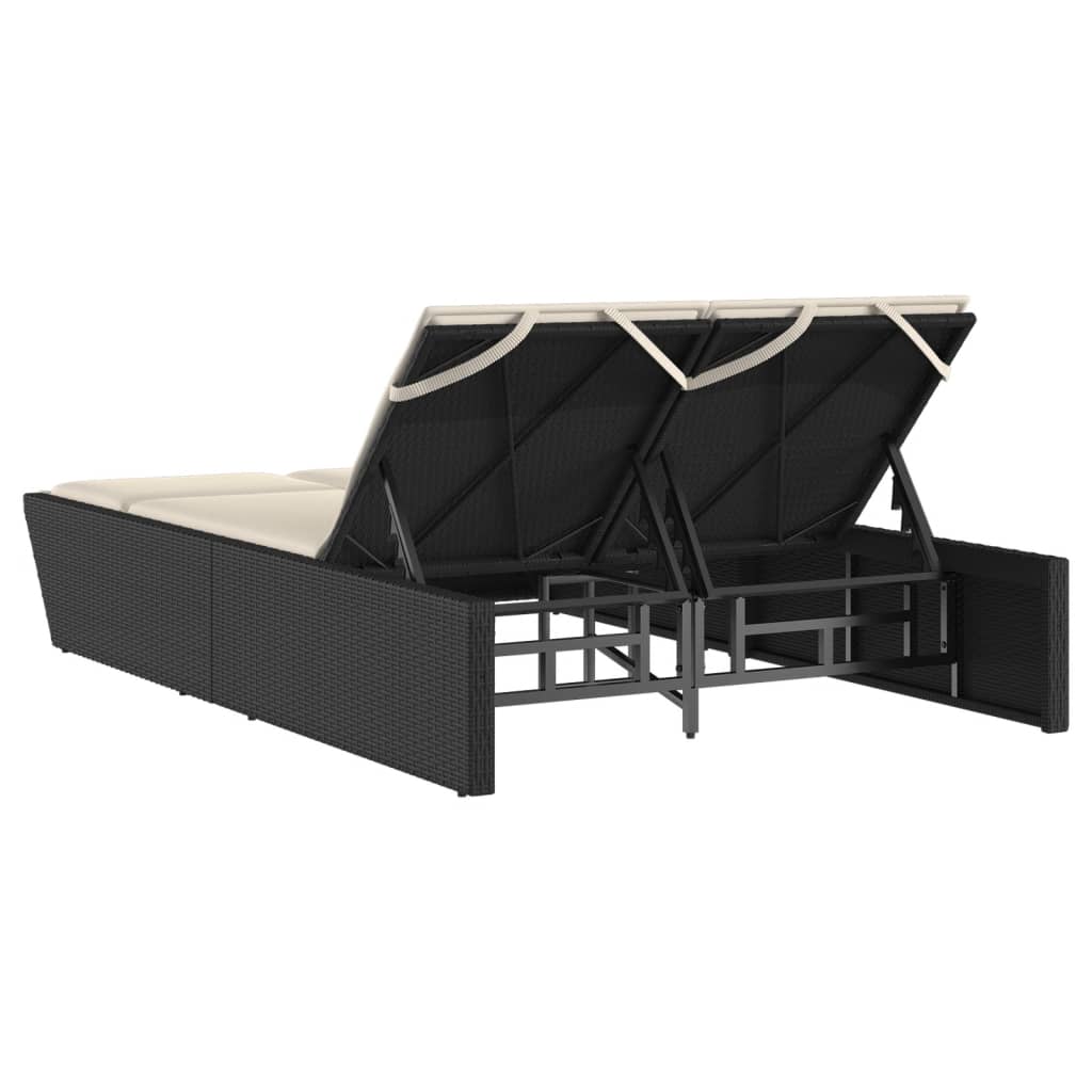 Double sun lounger with cushions in black poly rattan