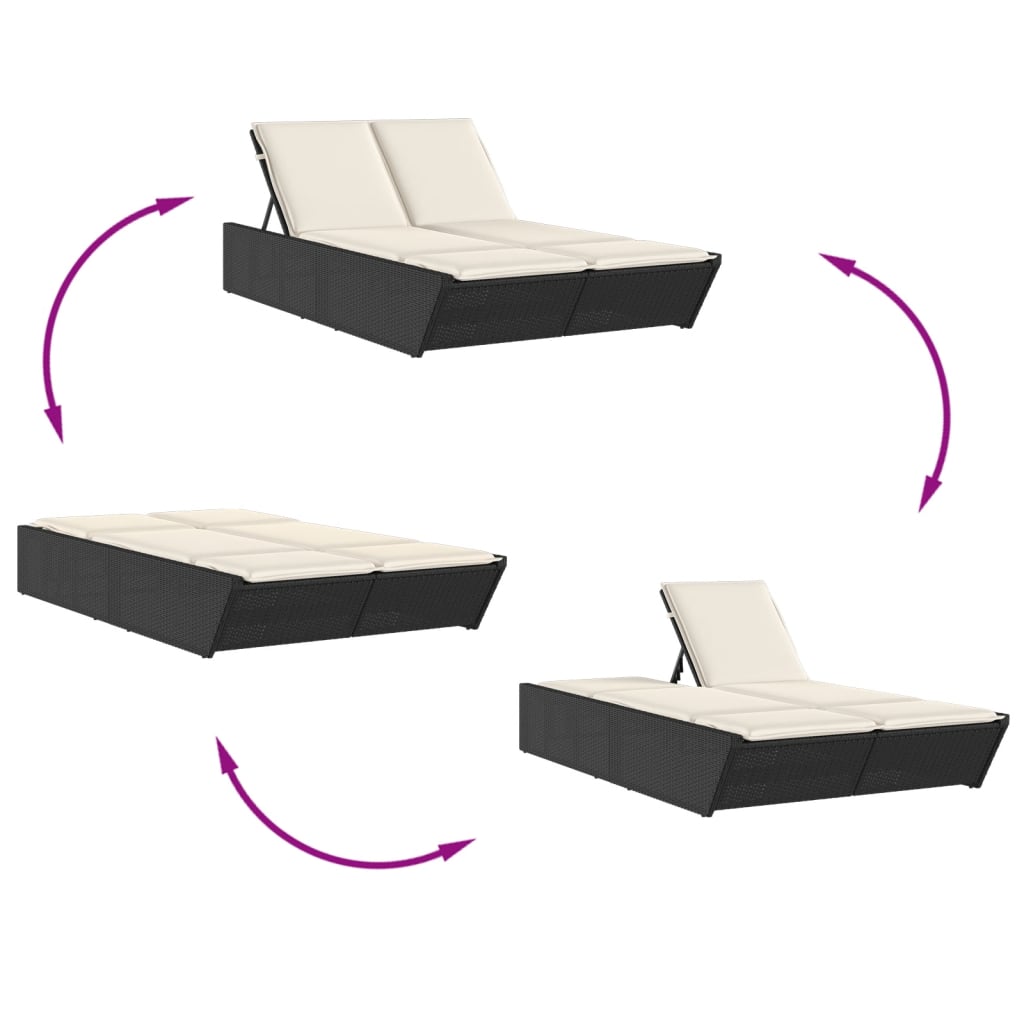 Double sun lounger with cushions in black poly rattan