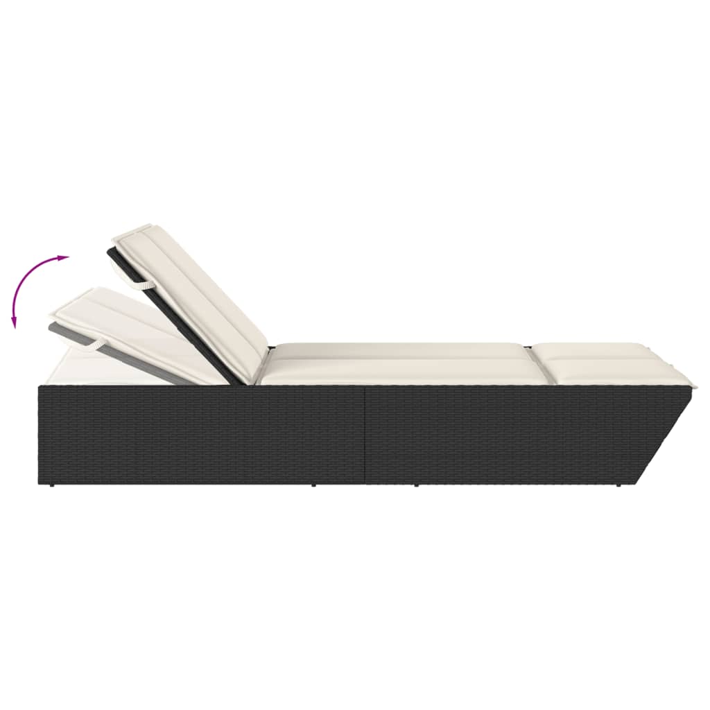 Double sun lounger with cushions in black poly rattan