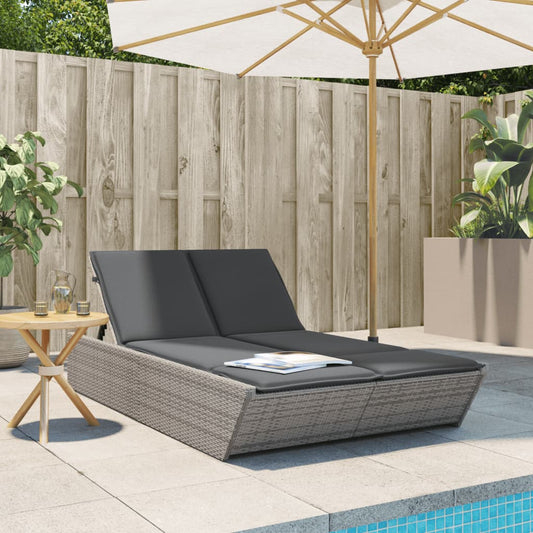 Double sun lounger with cushions in grey poly rattan