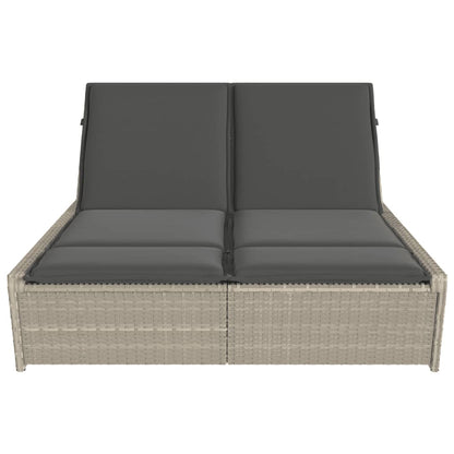 Double sun lounger with cushions in light grey poly rattan