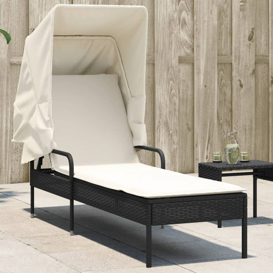 Sun lounger with canopy in black PE wicker