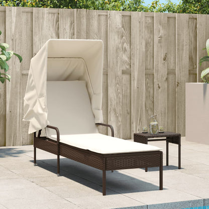 Sun lounger with canopy in brown PE wicker