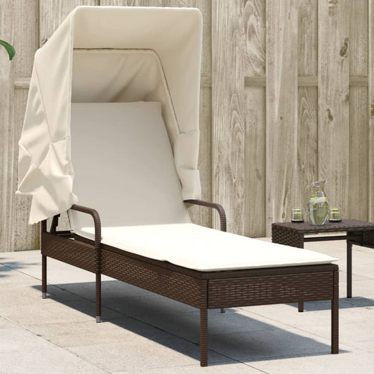 Sun lounger with canopy in brown PE wicker