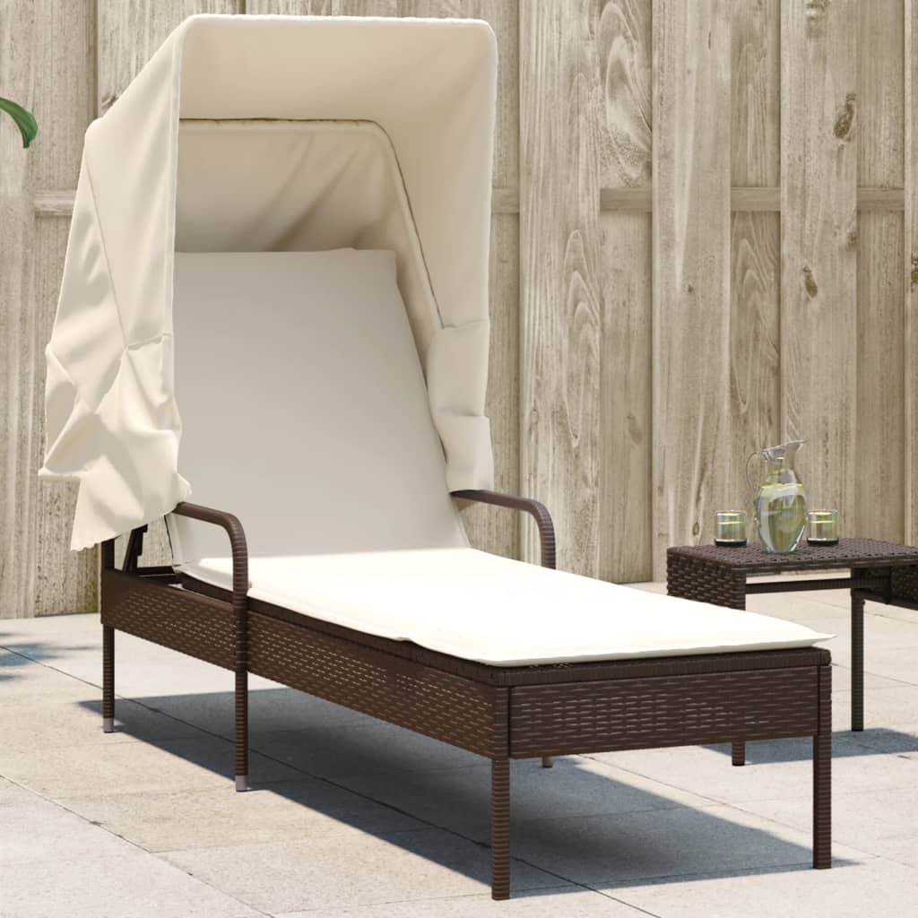 Sun lounger with canopy in brown PE wicker
