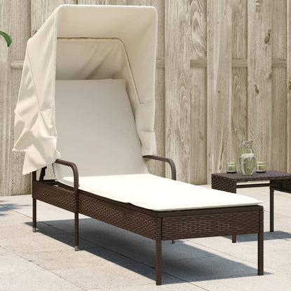 Sun lounger with canopy in brown PE wicker