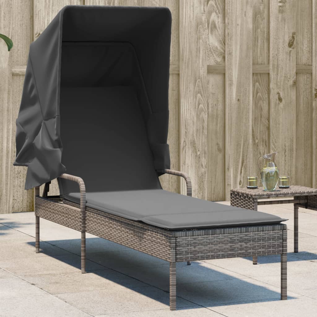 Sun lounger with canopy in grey PE wicker