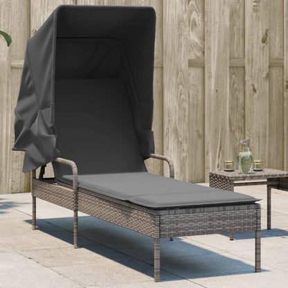 Sun lounger with canopy in grey PE wicker