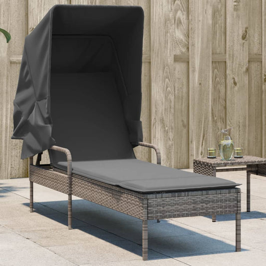 Sun lounger with canopy in grey PE wicker