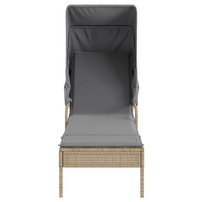 Sun lounger with canopy in PE wicker beige