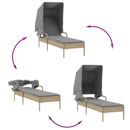 Sun lounger with canopy in PE wicker beige