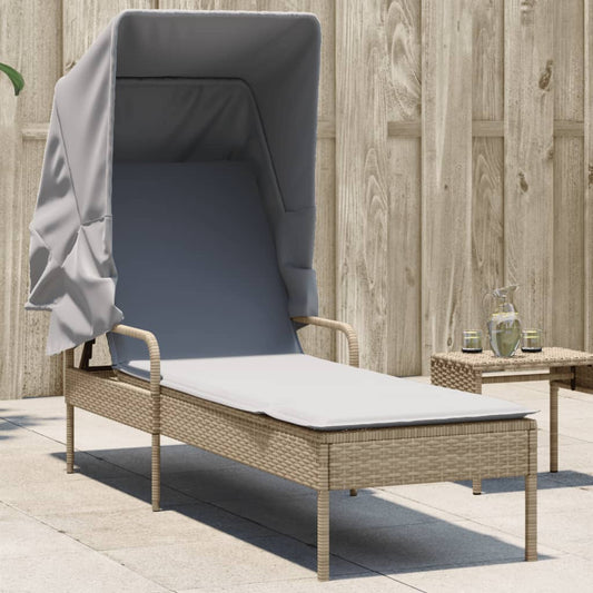 Sun lounger with canopy in PE wicker beige