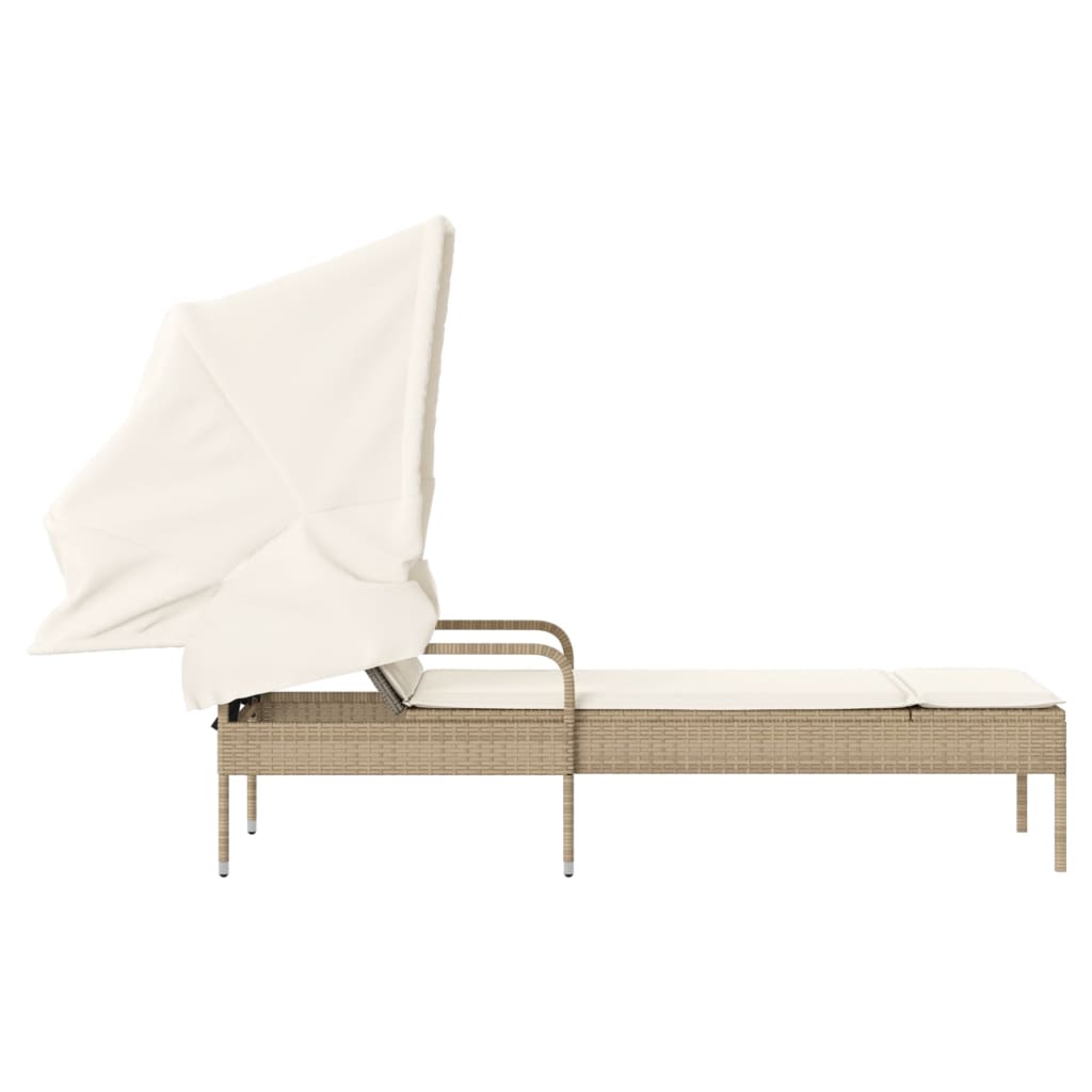Sun lounger with canopy in PE wicker beige