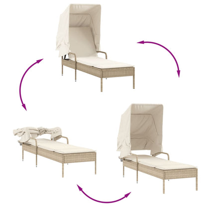Sun lounger with canopy in PE wicker beige