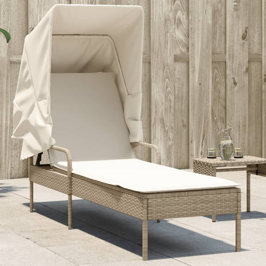 Sun lounger with canopy in PE wicker beige