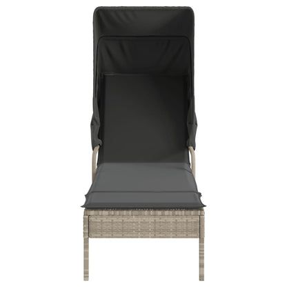 Sun lounger with canopy in light grey PE wicker
