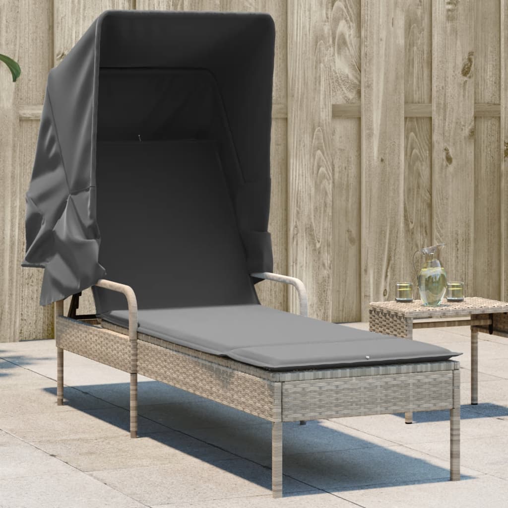 Sun lounger with canopy in light grey PE wicker